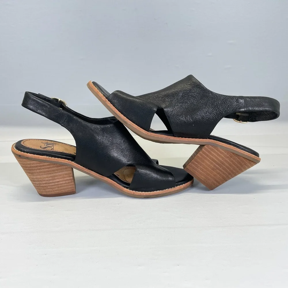 Sofft Mendi Slingback Heeled Sandals Womens Size 7 M Black Leather Buckle Shoes